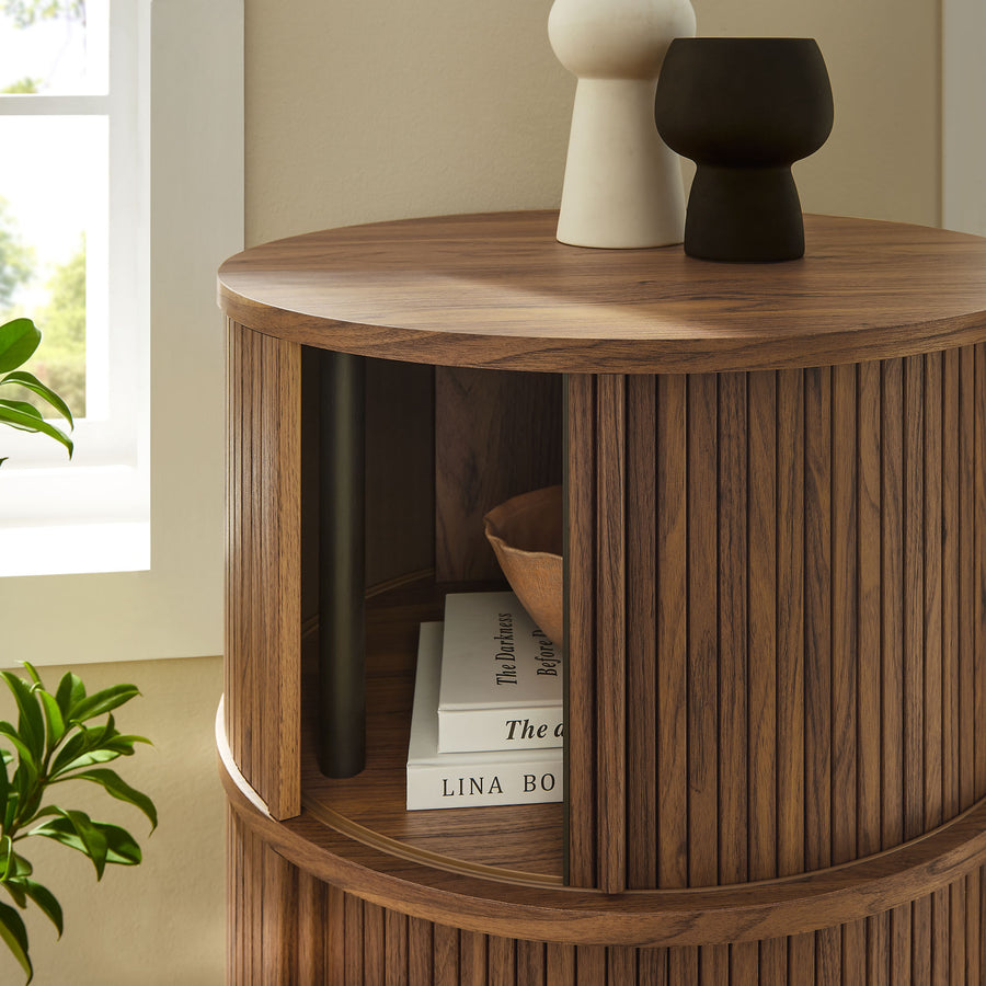 Beatrix Round Pedestal Stand Storage Table With Sliding Tambour Doors in Walnut