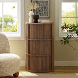 Beatrix Round Pedestal Stand Storage Table With Sliding Tambour Doors in Walnut
