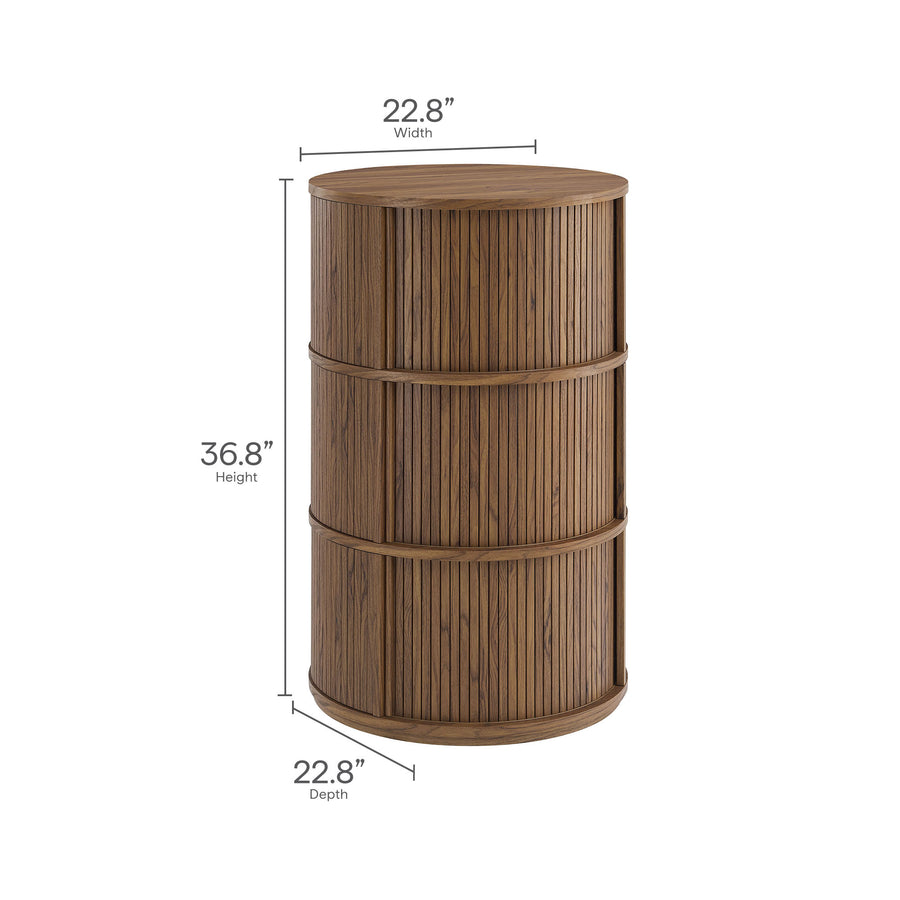 Beatrix Round Pedestal Stand Storage Table With Sliding Tambour Doors in Walnut