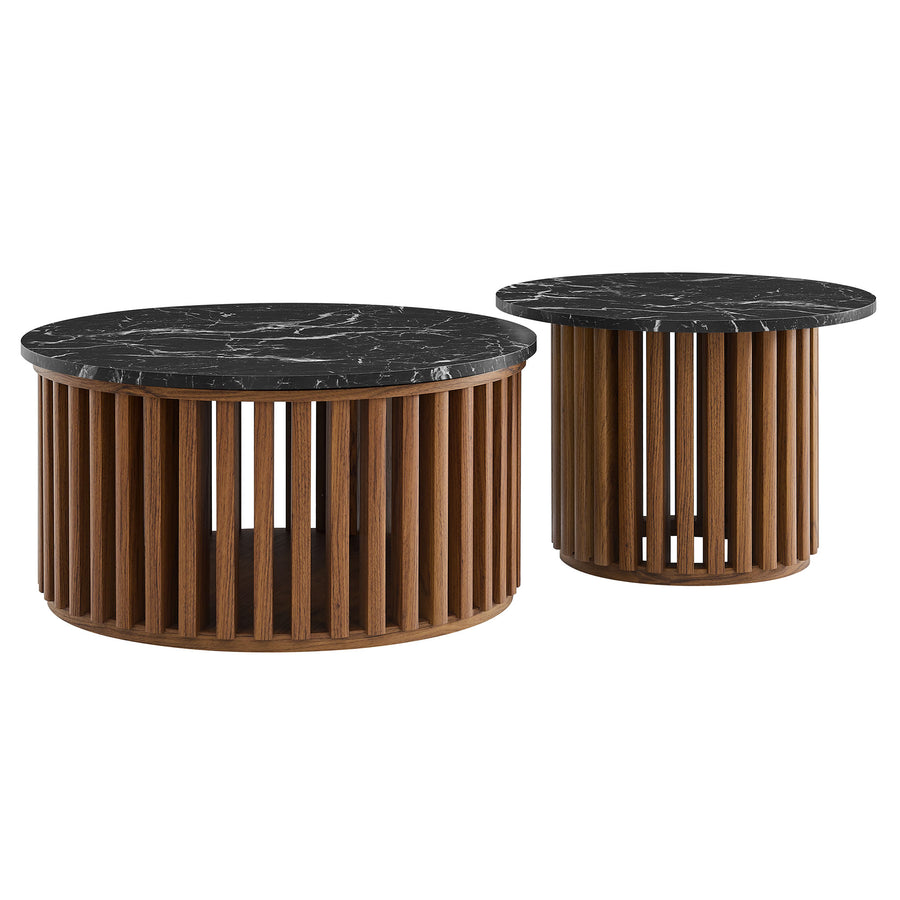 Hollis Round Faux Marble Top Nesting Coffee Table in Walnut Black