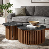 Hollis Round Faux Marble Top Nesting Coffee Table in Walnut Black