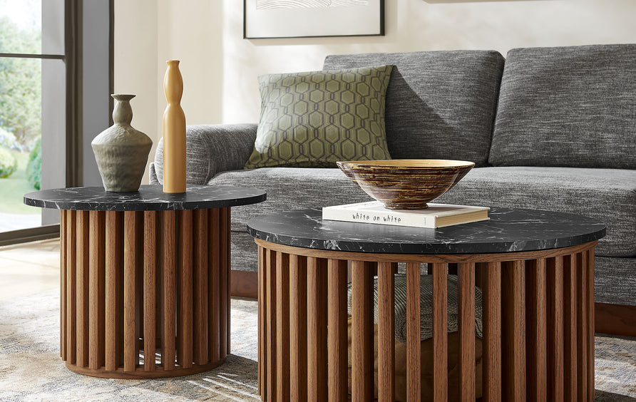 Hollis Round Faux Marble Top Nesting Coffee Table in Walnut Black
