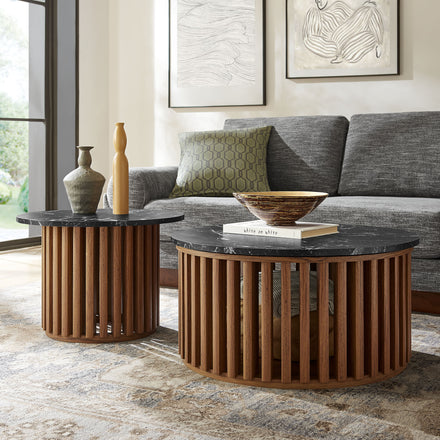Fortitude Round Faux Marble Top Nesting Coffee Table in Walnut Black
