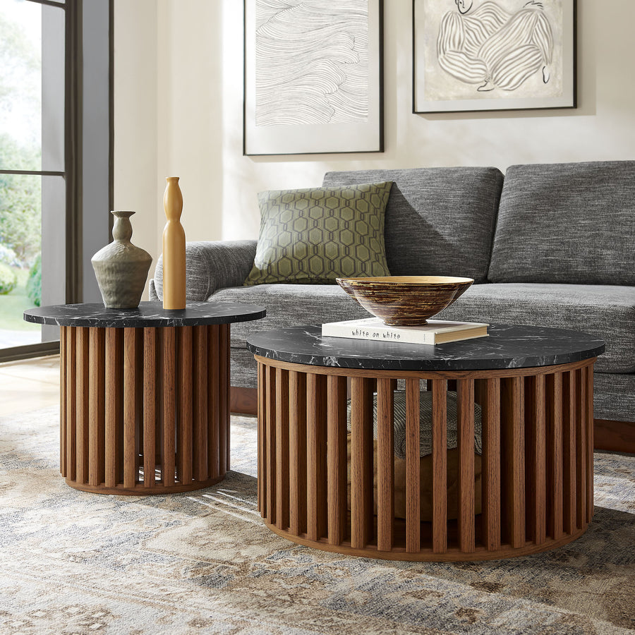 Hollis Round Faux Marble Top Nesting Coffee Table in Walnut Black