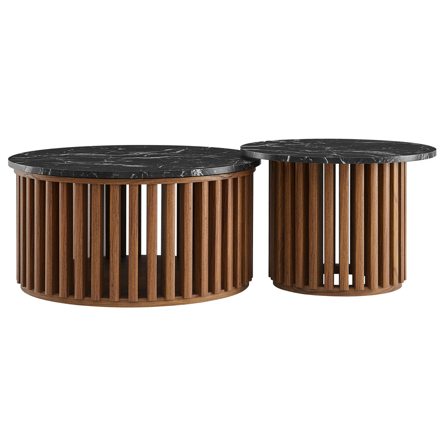 Hollis Round Faux Marble Top Nesting Coffee Table in Walnut Black