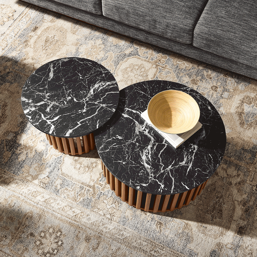 Hollis Round Faux Marble Top Nesting Coffee Table in Walnut Black