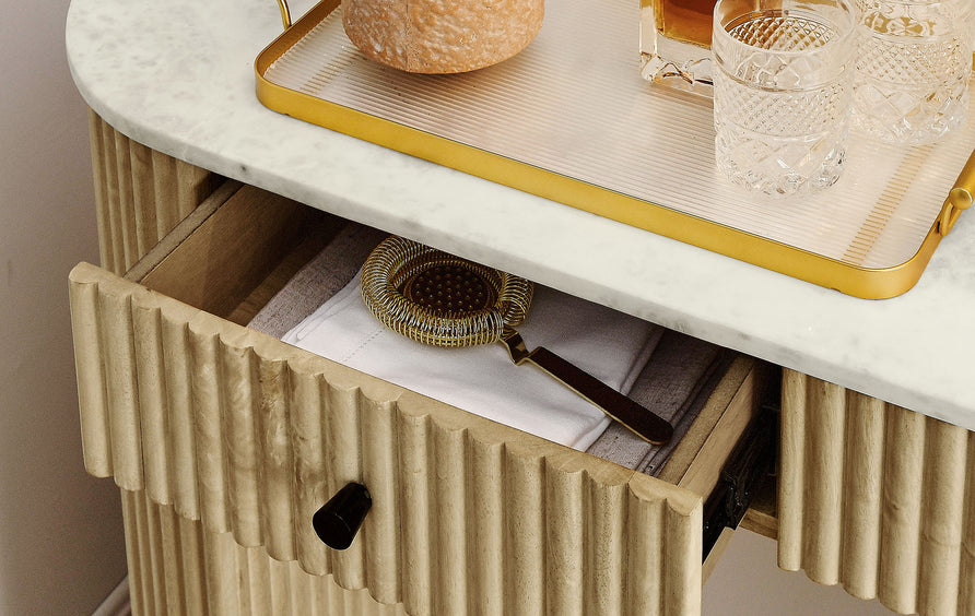 Papyrus 42" Curved Solid Wood and Marble Console Table in Natural