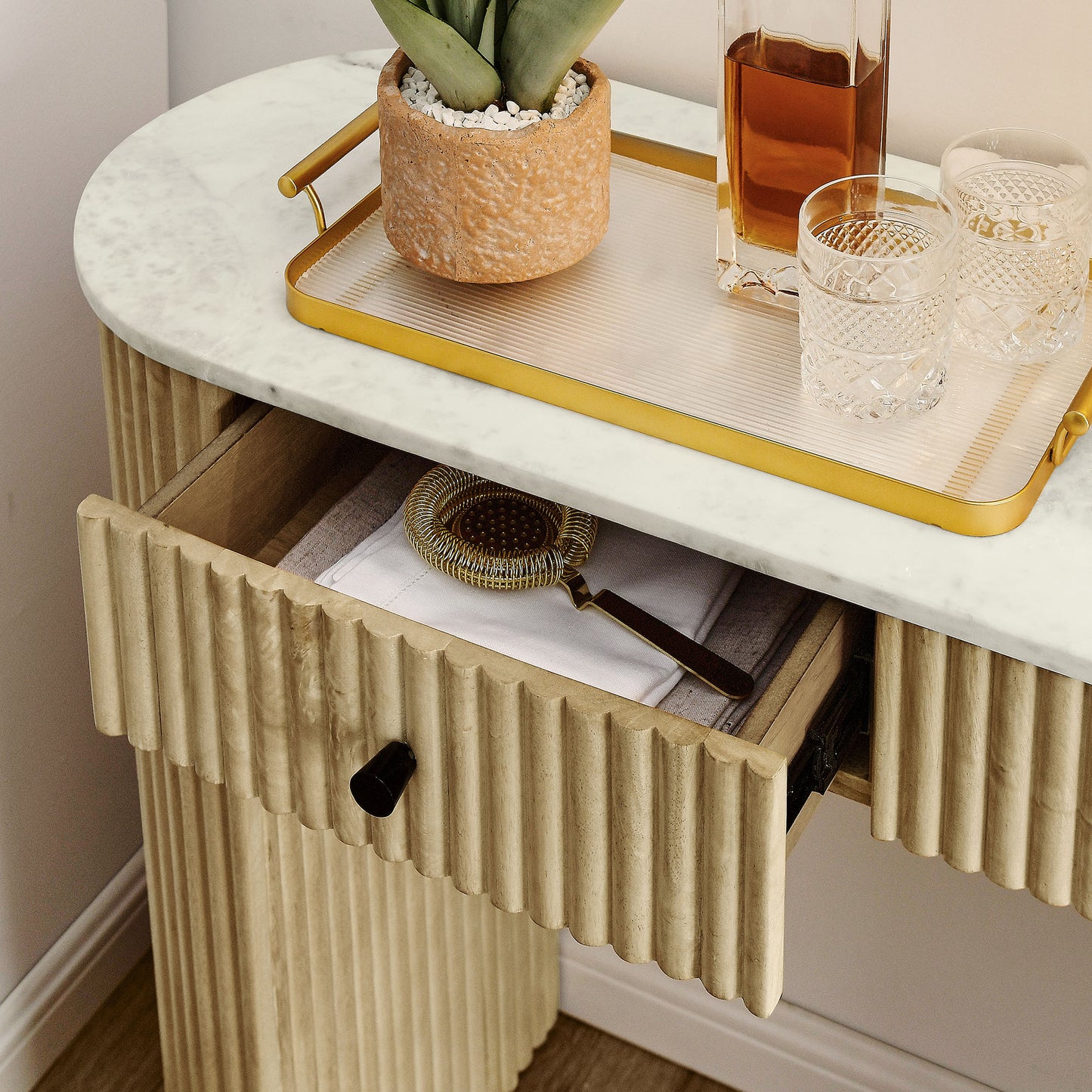 Caldera 42" Curved Solid Wood and Marble Console Table by Furniture For America