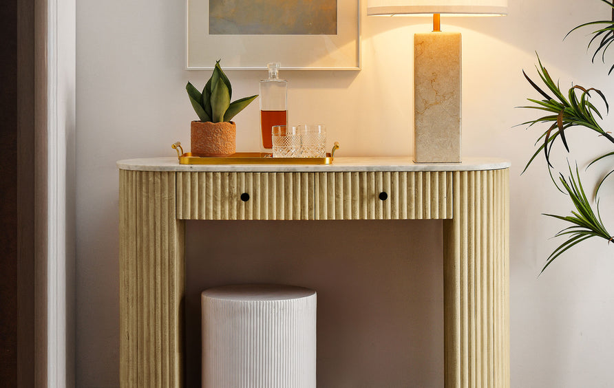 Papyrus 42" Curved Solid Wood and Marble Console Table in Natural