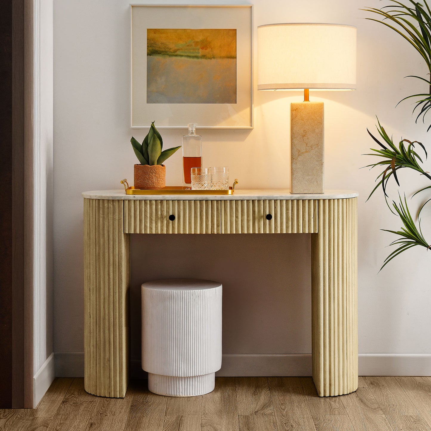 Caldera 42" Curved Solid Wood and Marble Console Table by Furniture For America