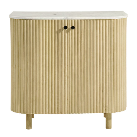 Caldera 33" Curved Solid Wood and Marble Accent Storage Cabinet in Natural