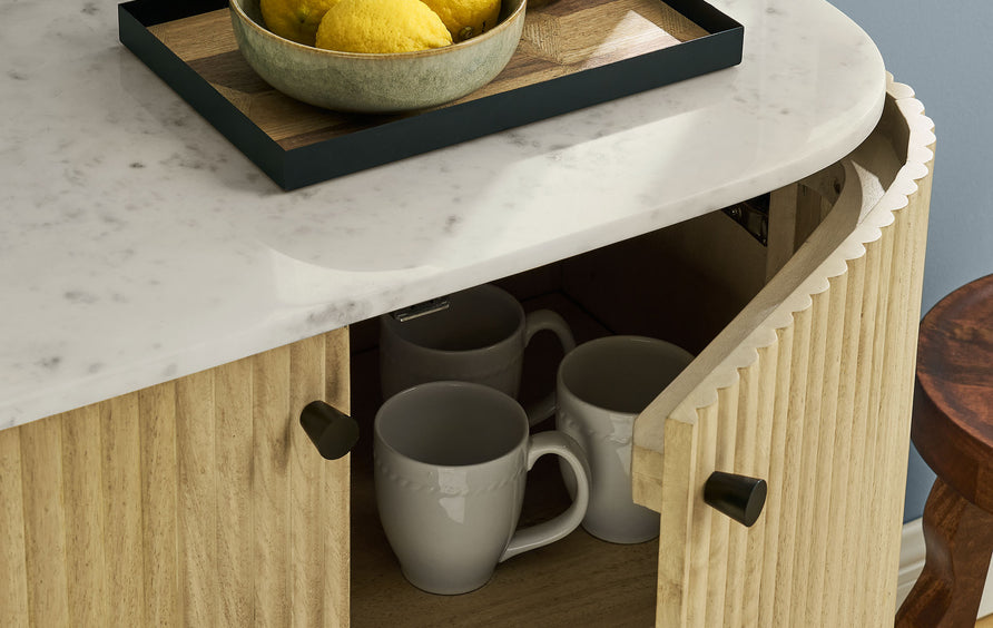 Papyrus 33" Curved Solid Wood and Marble Accent Storage Cabinet in Natural