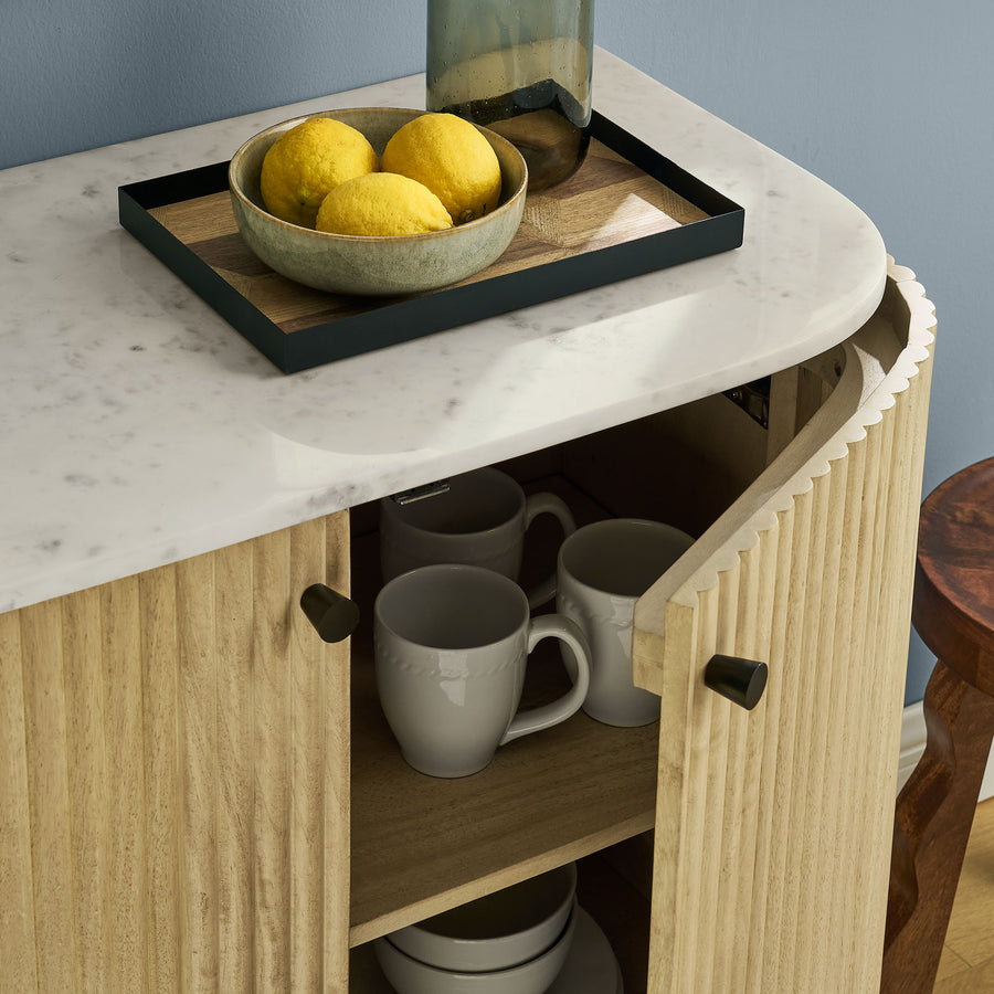 Papyrus 33" Curved Solid Wood and Marble Accent Storage Cabinet in Natural