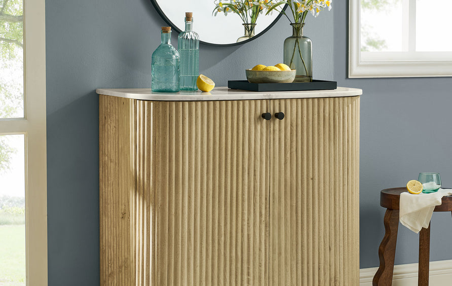 Papyrus 33" Curved Solid Wood and Marble Accent Storage Cabinet in Natural
