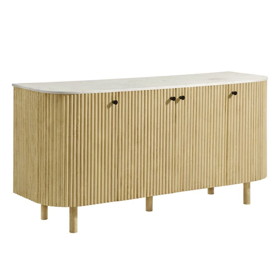 Papyrus 60" Curved Solid Wood and Marble Sideboard Storage Cabinet in Natural