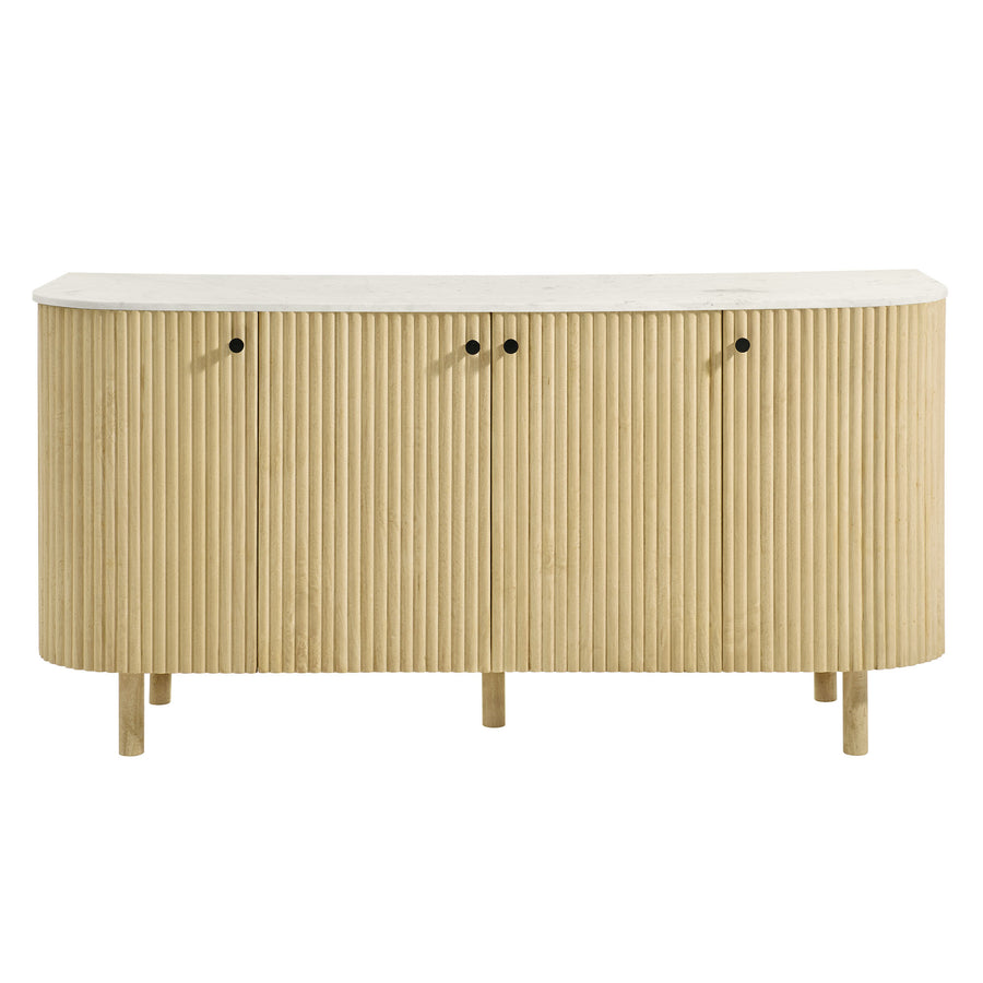 Papyrus 60" Curved Solid Wood and Marble Sideboard Storage Cabinet in Natural