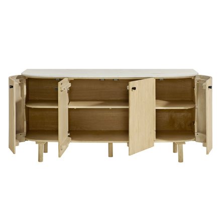 Caldera 60" Curved Solid Wood and Marble Sideboard Storage Cabinet in Natural