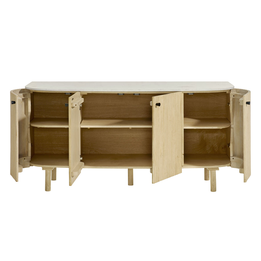 Papyrus 60" Curved Solid Wood and Marble Sideboard Storage Cabinet in Natural