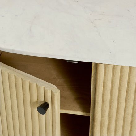 Caldera 60" Curved Solid Wood and Marble Sideboard Storage Cabinet in Natural