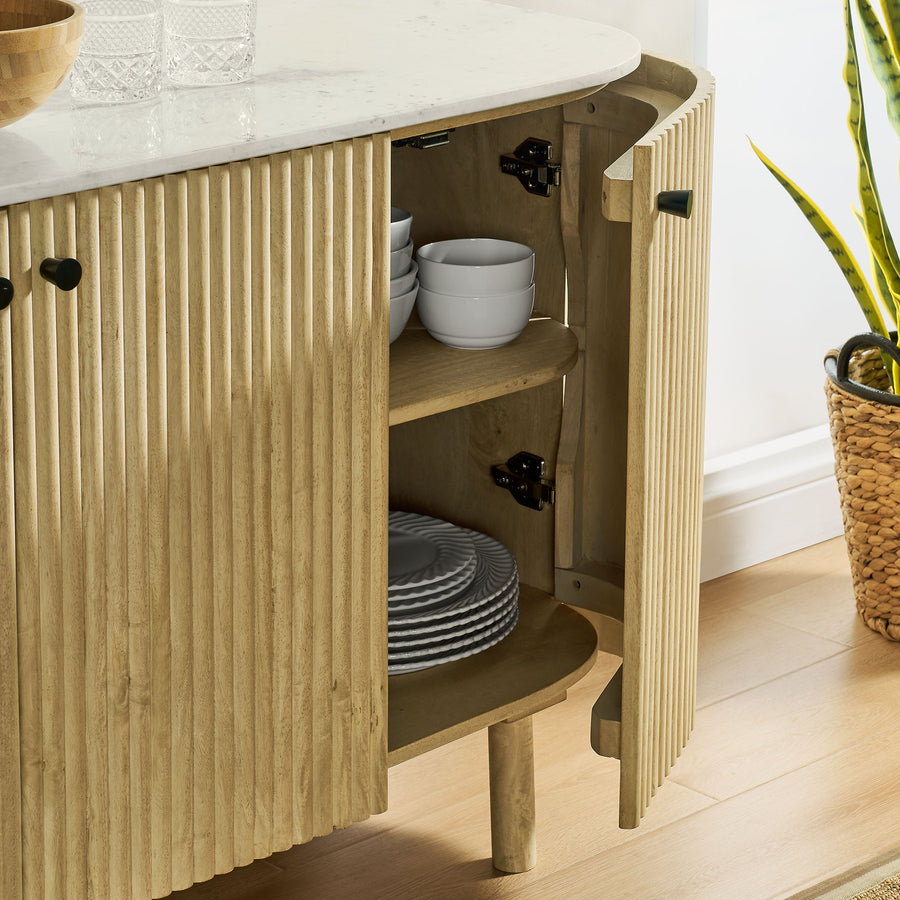 Papyrus 60" Curved Solid Wood and Marble Sideboard Storage Cabinet in Natural