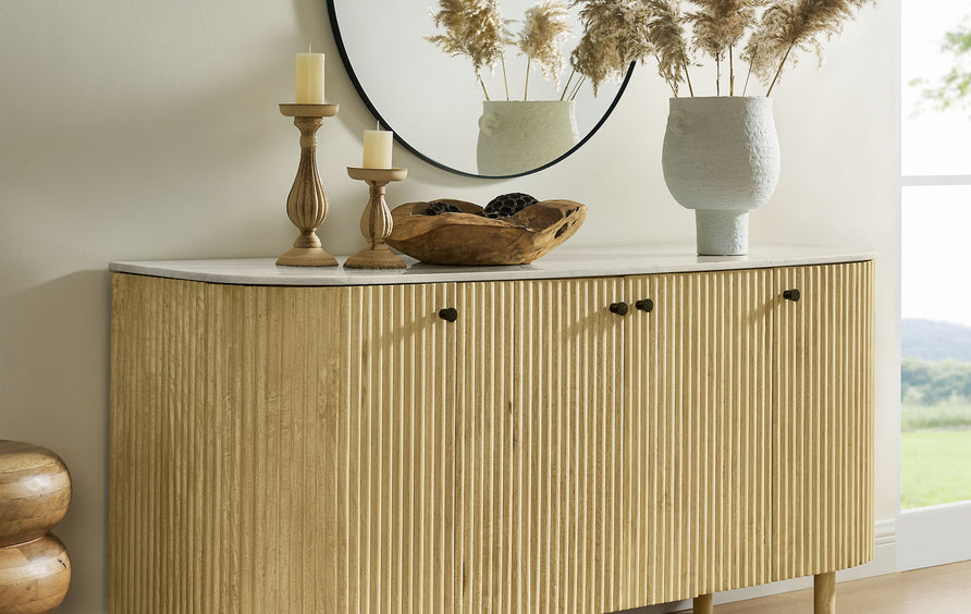 Papyrus 60" Curved Solid Wood and Marble Sideboard Storage Cabinet in Natural
