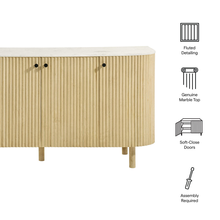 Papyrus 60" Curved Solid Wood and Marble Sideboard Storage Cabinet in Natural