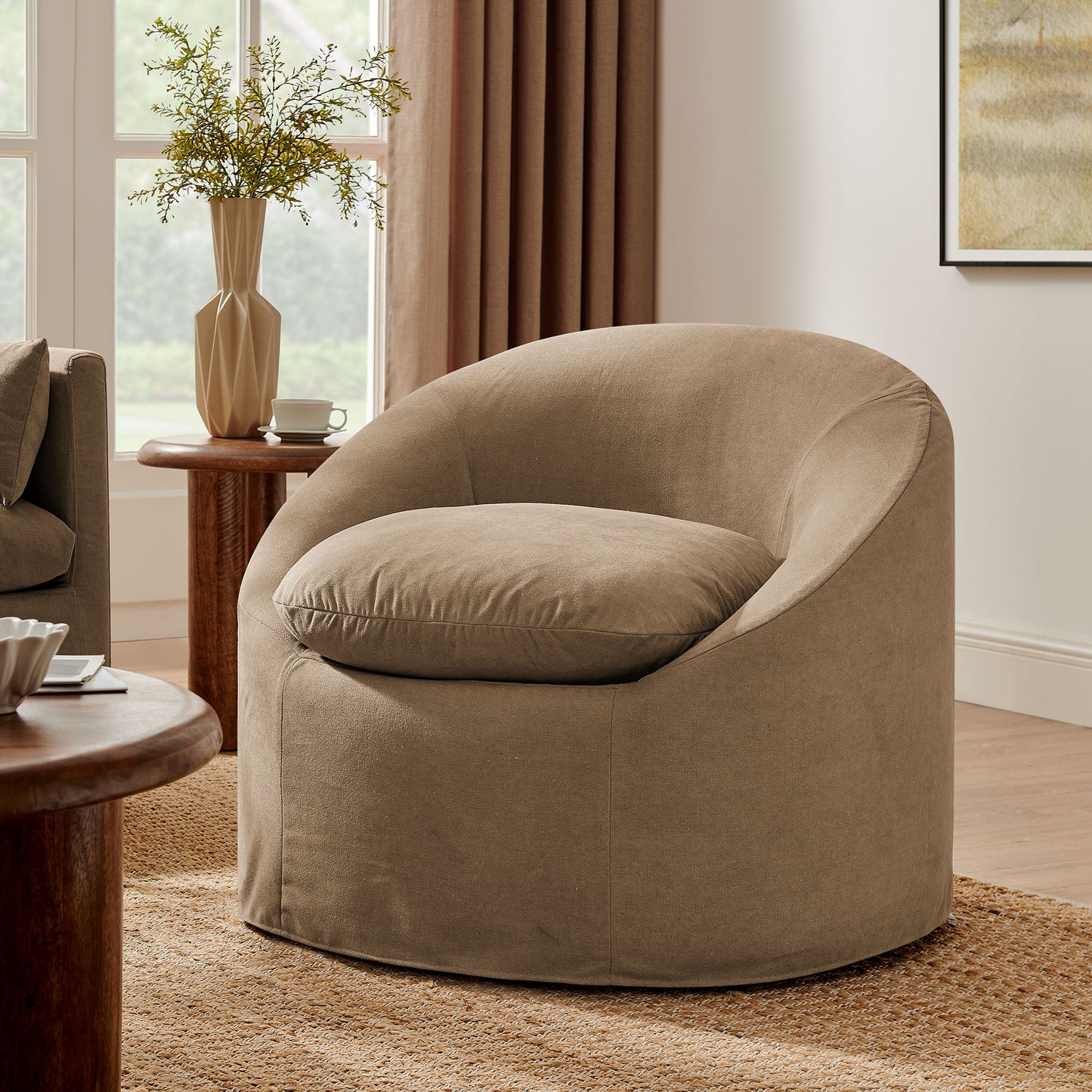 Lahinch Slipcovered Linen-Blend Round Accent Chair in Almond