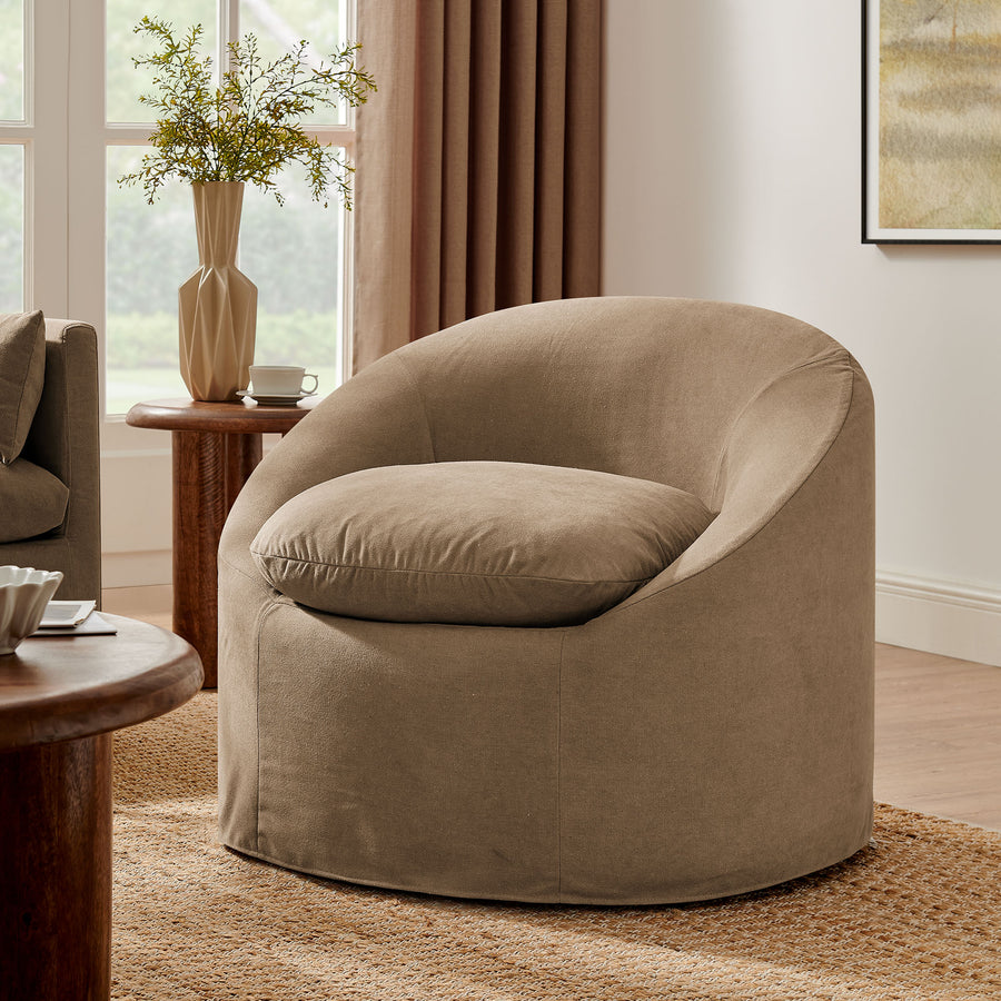 Lahinch Slipcovered Linen-Blend Round Accent Chair in Almond