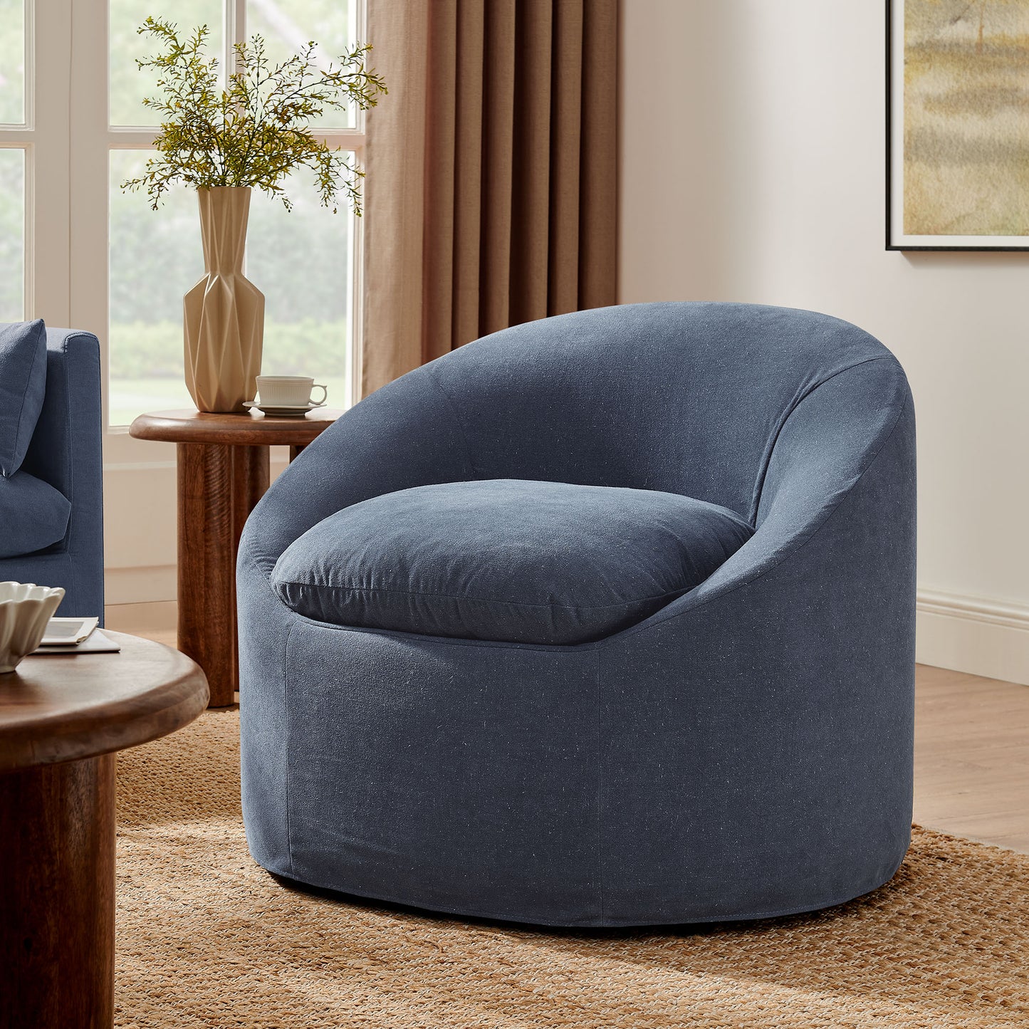Lahinch Slipcovered Linen-Blend Round Accent Chair in Denim