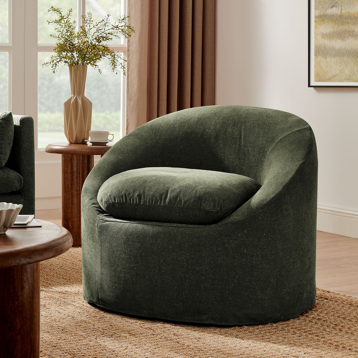 Lahinch Slipcovered Linen-Blend Round Accent Chair in Sage