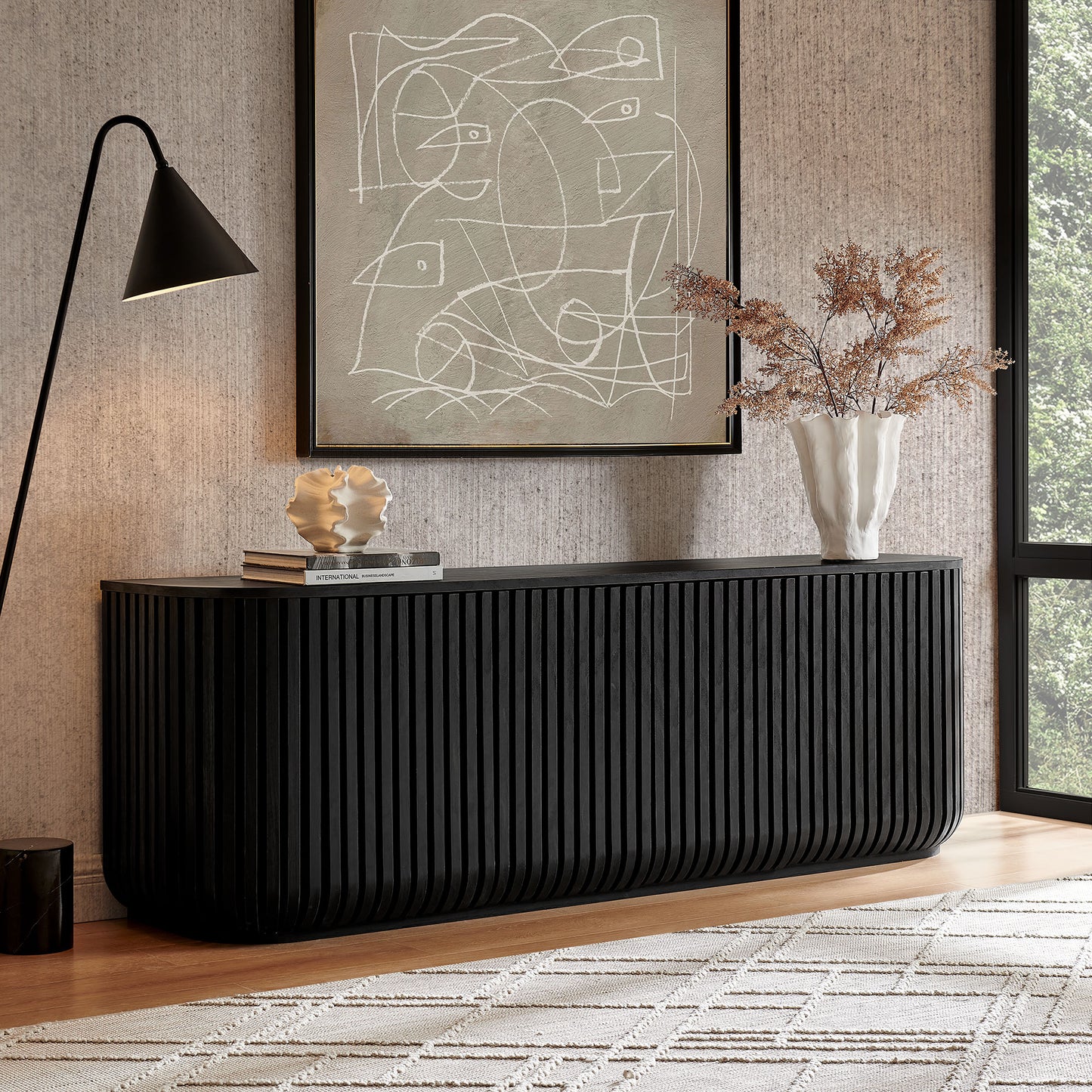 Hollis 75" Curved Sideboard Storage Cabinet in Black