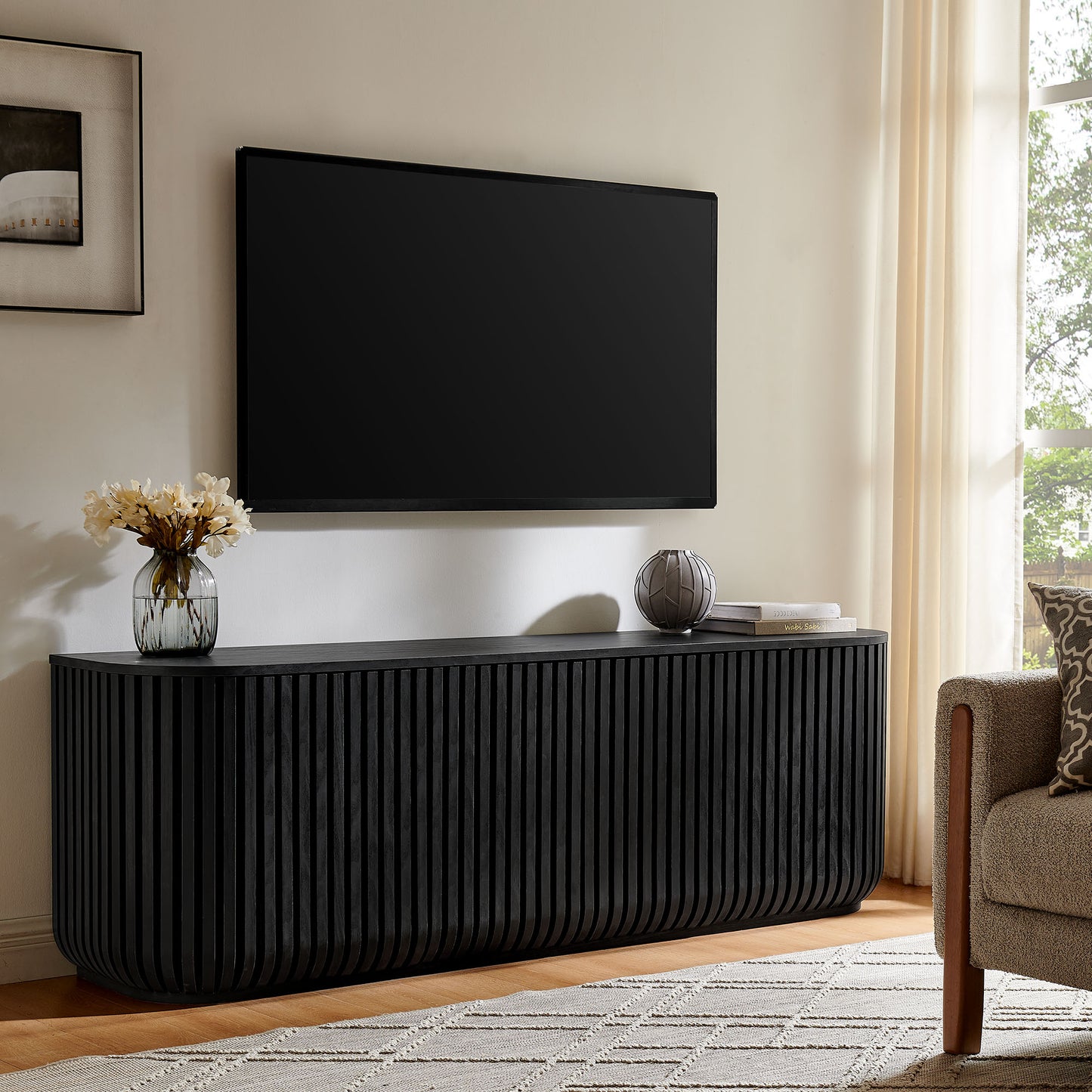 Hollis 75" Curved Sideboard Storage Cabinet in Black