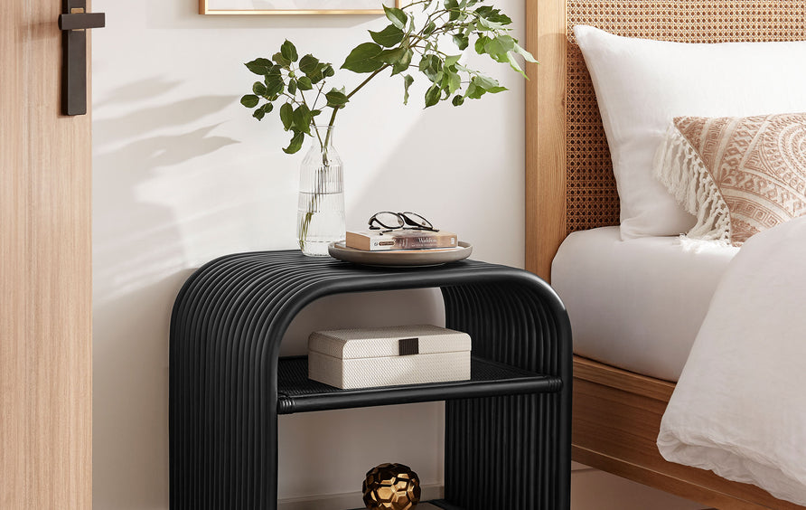 Isla Curved Natural Rattan Side Table in Black