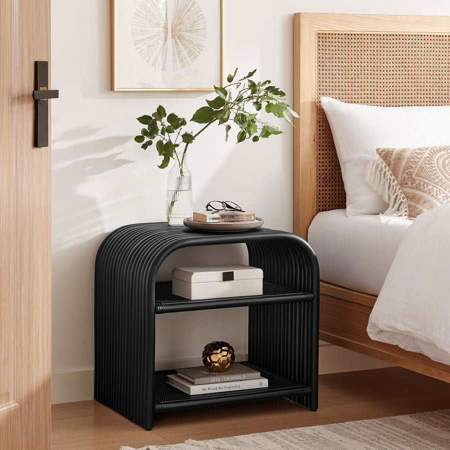 Isla Curved Natural Rattan Side Table in Black
