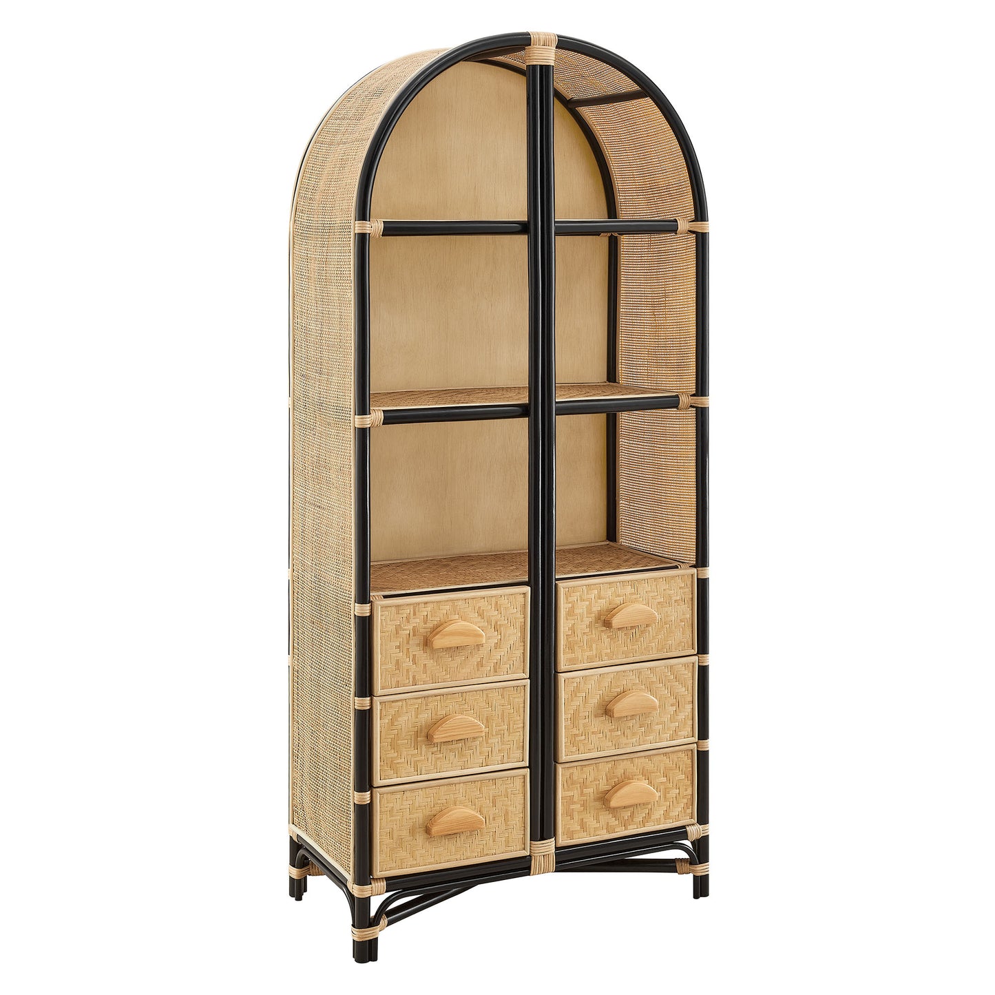 Valerian 71 Inch Tall Arched Natural Rattan Bookshelf in Natural Black