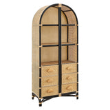 Valerian 71 Inch Tall Arched Natural Rattan Bookshelf in Natural Black