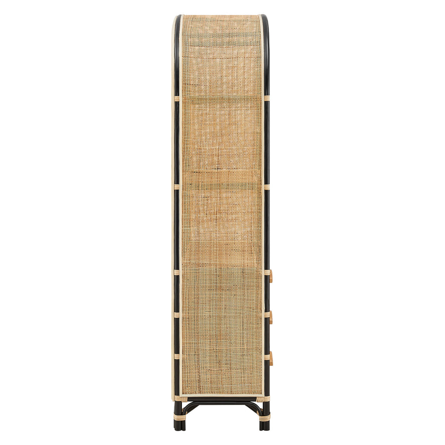 Valerian 71 Inch Tall Arched Natural Rattan Bookshelf in Natural Black