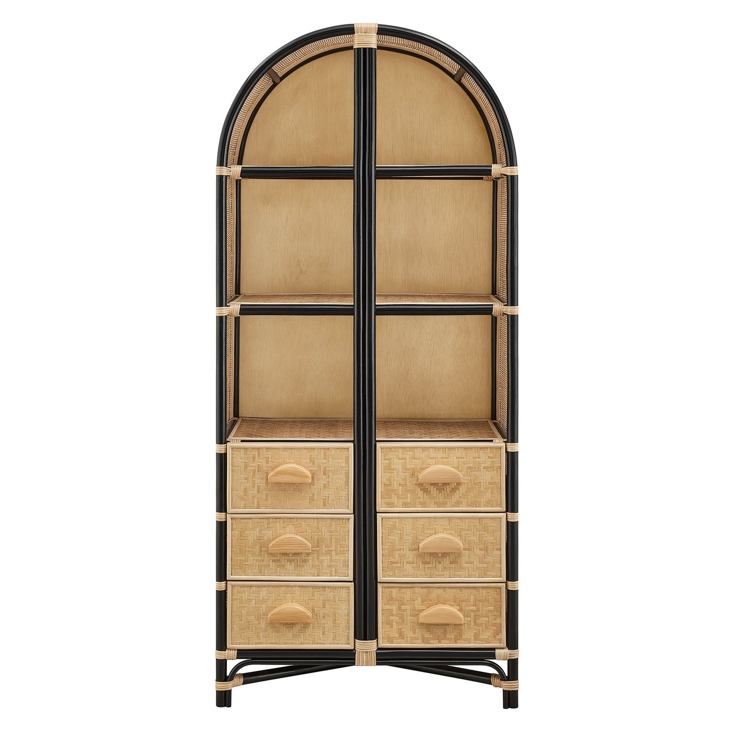 Valerian 71 Inch Tall Arched Natural Rattan Bookshelf in Natural Black