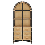 Valerian 71 Inch Tall Arched Natural Rattan Bookshelf in Natural Black
