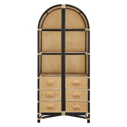 Jane 71 Inch Tall Arched Natural Rattan Bookshelf in Natural Black