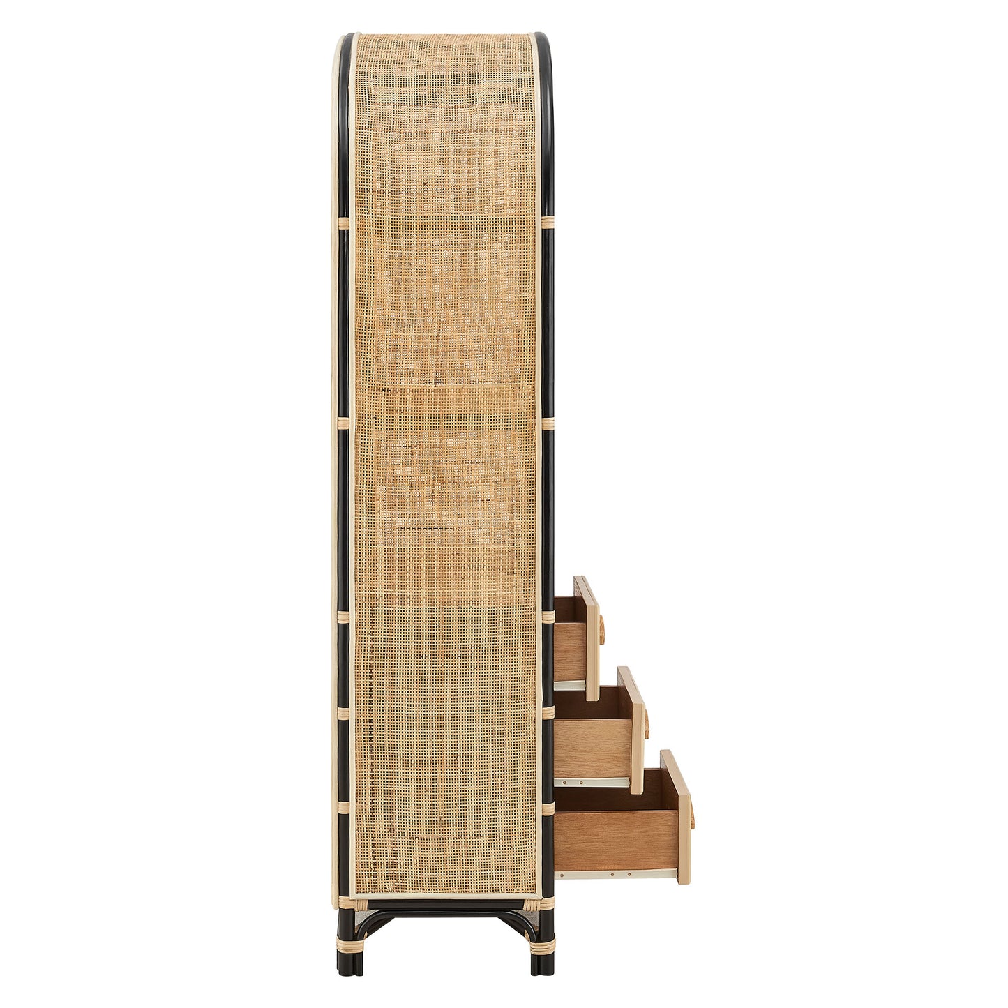 Valerian 71 Inch Tall Arched Natural Rattan Bookshelf in Natural Black