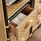 Valerian 71 Inch Tall Arched Natural Rattan Bookshelf in Natural Black