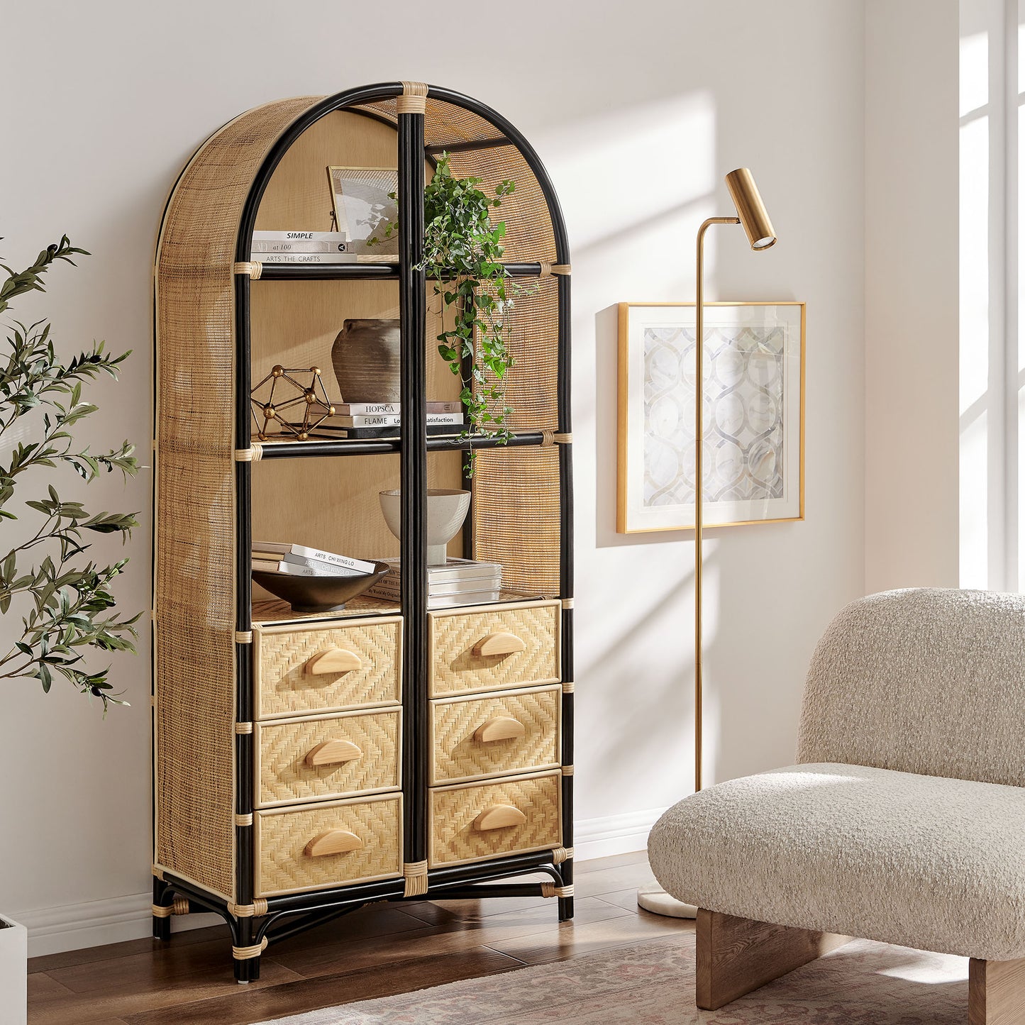 Valerian 71 Inch Tall Arched Natural Rattan Bookshelf in Natural Black