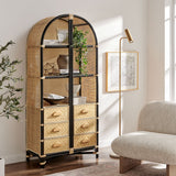 Valerian 71 Inch Tall Arched Natural Rattan Bookshelf in Natural Black