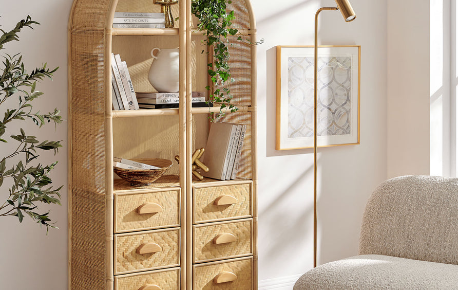 Valerian 71 Inch Tall Arched Natural Rattan Bookshelf in Natural