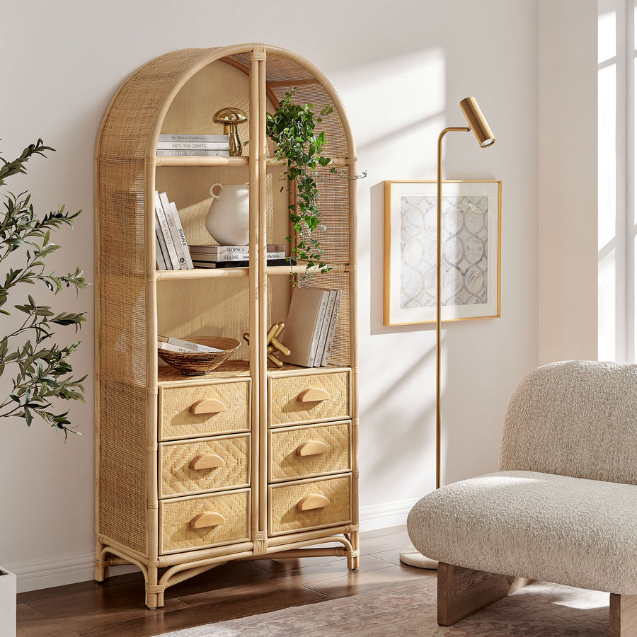 Valerian 71 Inch Tall Arched Natural Rattan Bookshelf in Natural