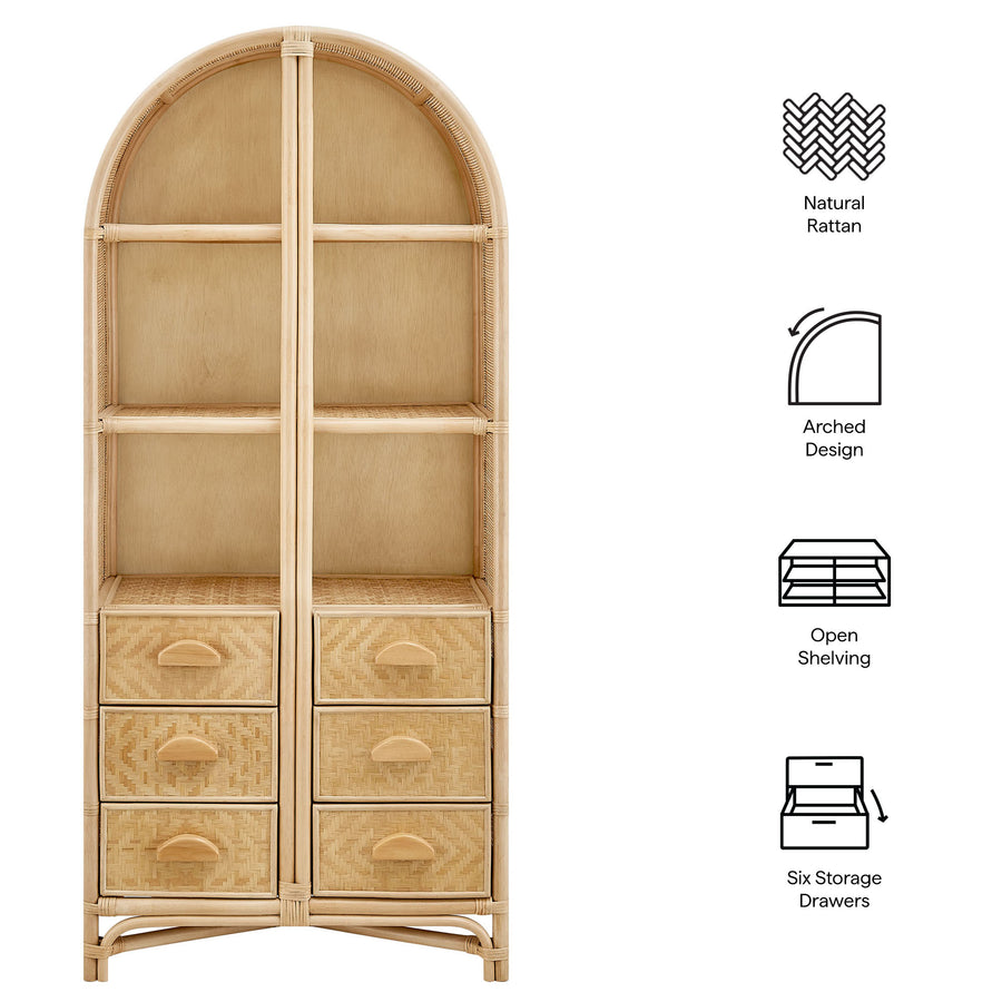 Valerian 71 Inch Tall Arched Natural Rattan Bookshelf in Natural