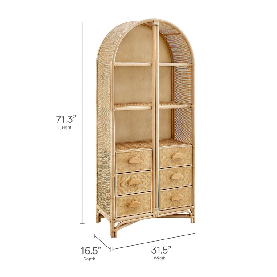 Valerian 71 Inch Tall Arched Natural Rattan Bookshelf in Natural