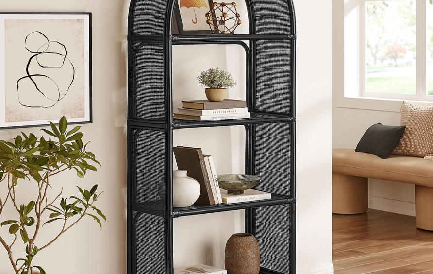 Mabli 67 Inch Tall Arched Natural Rattan Bookshelf in Black