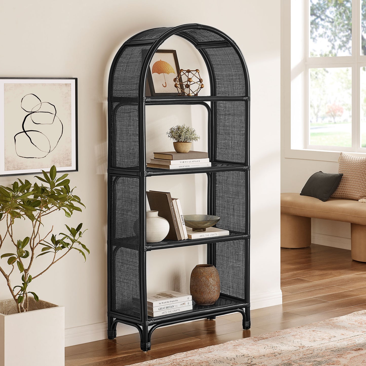 Mabli 67 Inch Tall Arched Natural Rattan Bookshelf in Black